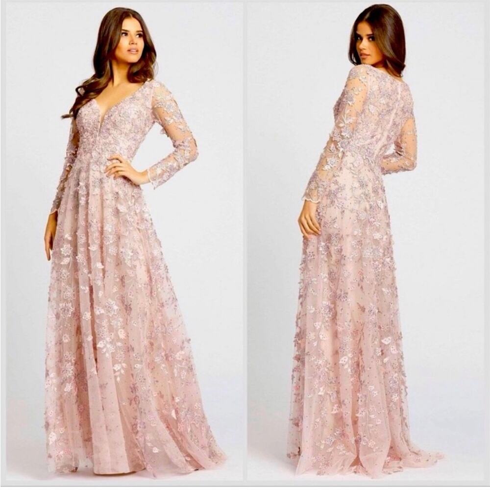 Mac Duggal 70224 Pink Floral Appliqué Long Sleeve Illusion Gown - RSP - 10 - NWT